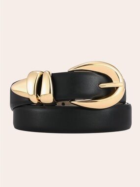 Black Vegan Leather Belt with Statement Gold Buckle | Chic Classic Waist Belt